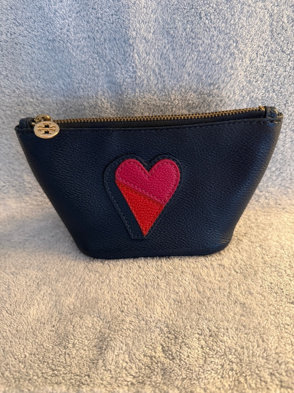 Tory Burch Navy Leather Heart Cosmetic Pouch